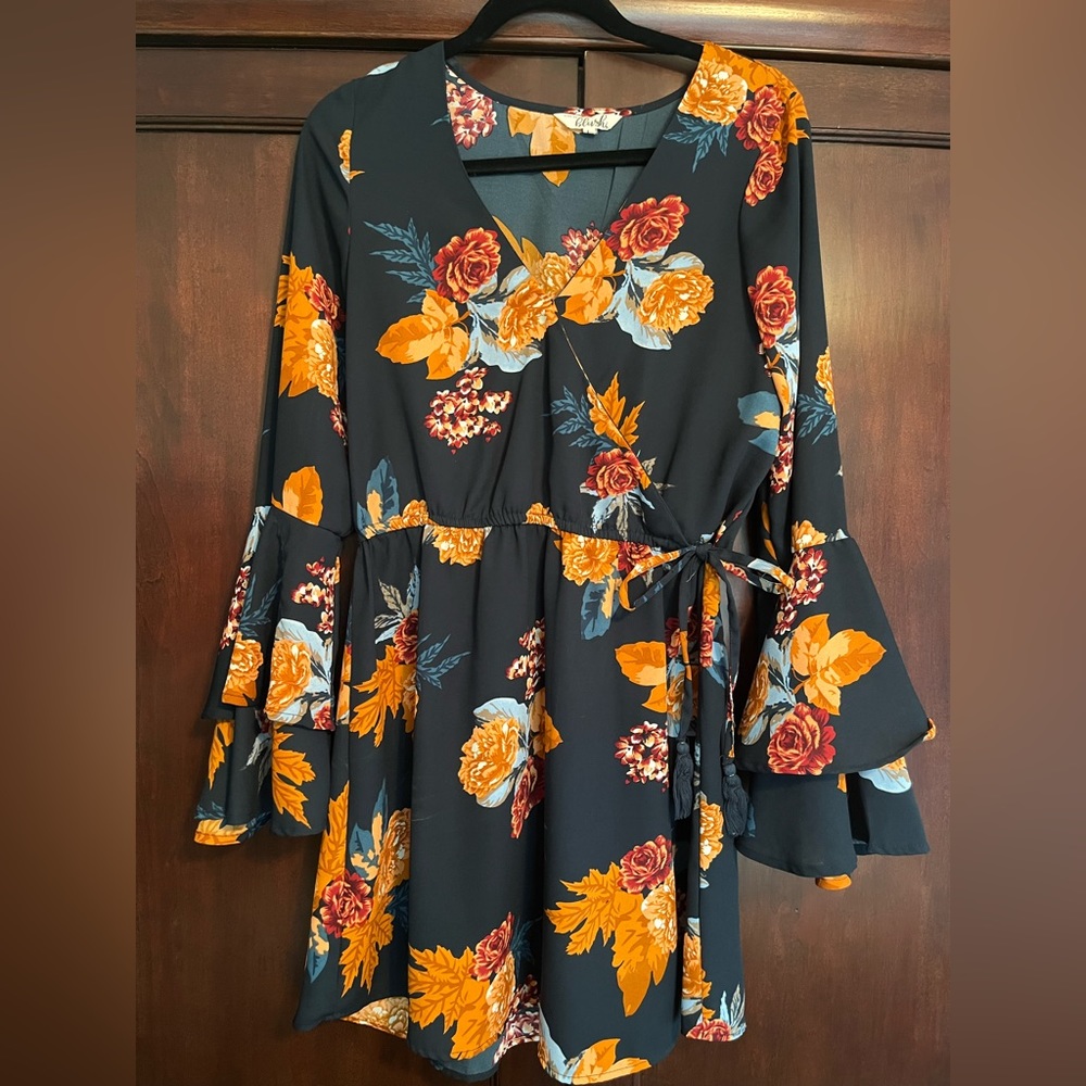 Navy Blue and Floral print V-neck blouse, fall colors!